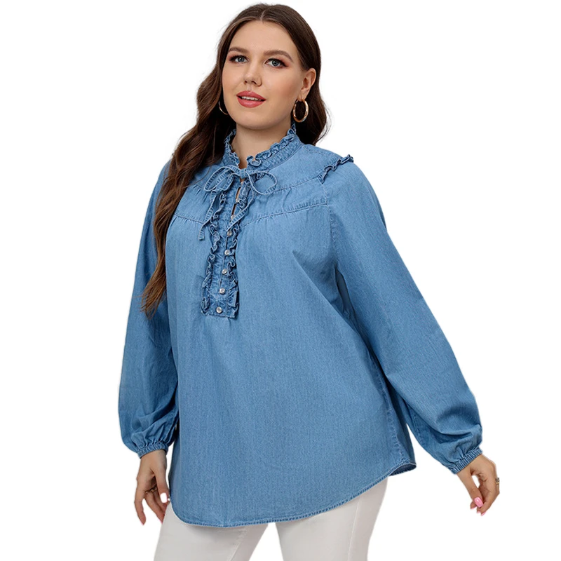 2022 Women's Plus Size Denim Blue Shirts Fashion Autumn Blouse Casual Button Ruffled Neck Long Sleeve Tops Jean Tunic Blusa
2022 Women's Plus Size Denim Blue Shirts Fashion Autumn Blouse Casual Button Ruffled Neck Long Sleeve Tops Jean Tunic Blusa