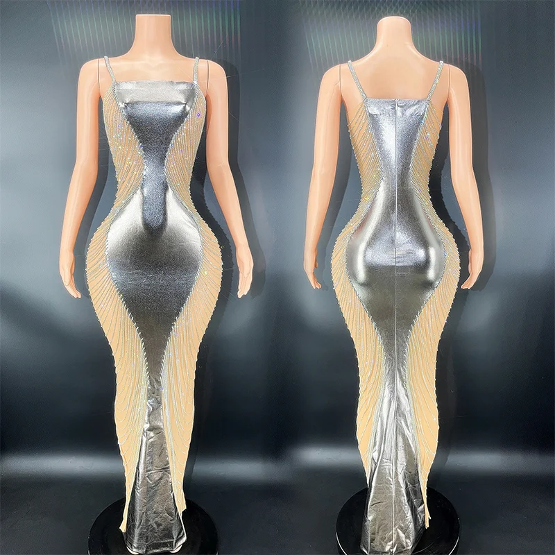 Silver Hourglass Evening Dresses Female Sparkly Rhinestone Chains Dress Rave Festival Clothing Singer Host Stage Costume VDB5670
Silver Hourglass Evening Dresses Female Sparkly Rhinestone Chains Dress Rave Festival Clothing Singer Host Stage Costume VDB5670