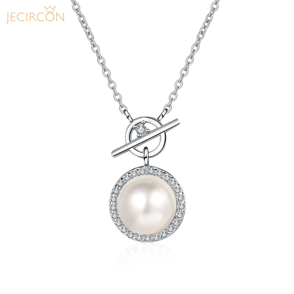 

JECIRCON 925 Sterling Silver Necklace for Women 8-9MM Flawless Freshwater Pearl 0.14 Carat Moissanite Pendant Lock Buckle Chain
