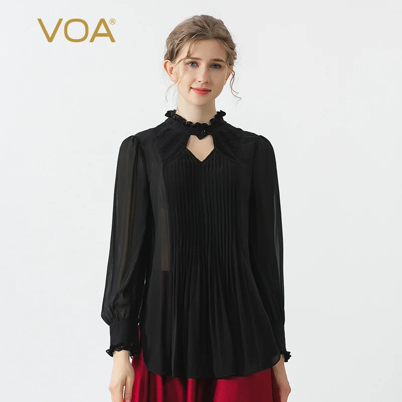 

VOA Black Georgette Silk Fungus Lace Stand Collar Puff Cropped Sleeve Three-dimensional Pleated Mulberry Silk T-shirt BE1136