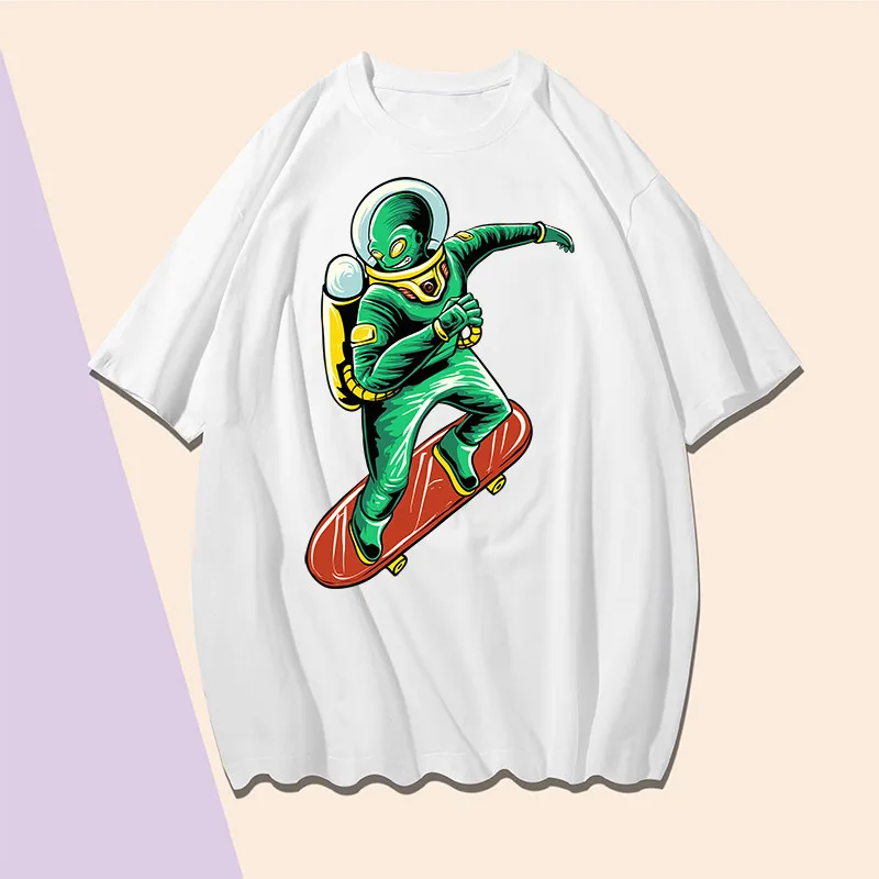 

Print T Shirts Green Aliens Astronaut Skate Summer Short Sleeve Man Woman Tshirt Cotton Round Neck White Plus Size Loose T Shirt