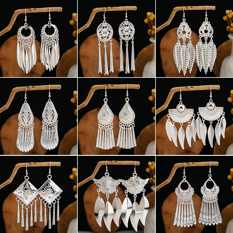 

Ethnic Bohemian Bright Silver Color Big Drop Dangle Long Metal Fringes Tassel Earring Geometric Earrings for Women Party Jewelry