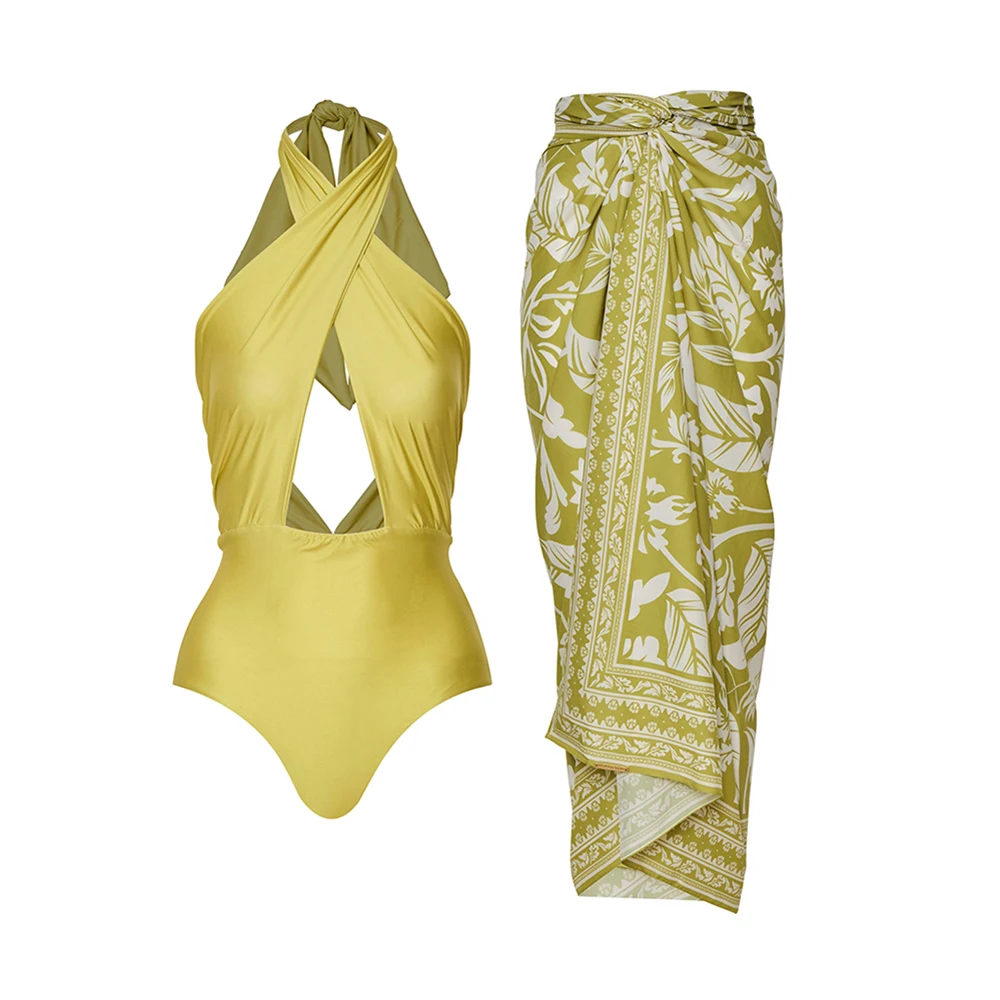 

Однотонный желтый купальник с открытой спиной, лиф для женщин, женское бикини с вырезами, халтер, Цельный Наряд, регулируемая Пляжная накидка