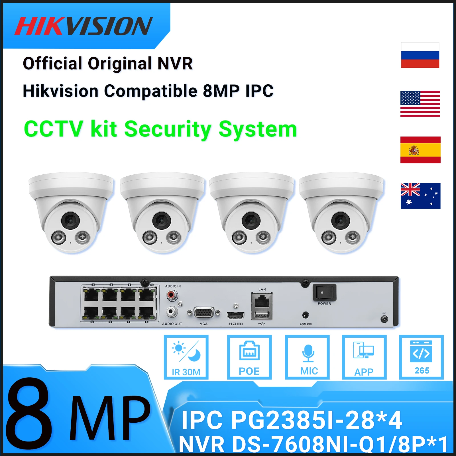 Hikvision Compatible Kits 4PCS 8MP IP Camera With DS-7608NI-Q1/8P 8POE NVR 4K Home Camera POE IR 30M Built-in MIC CCTV System
Hikvision Compatible Kits 4PCS 8MP IP Camera With DS-7608NI-Q1/8P 8POE NVR 4K Home Camera POE IR 30M Built-in MIC CCTV System