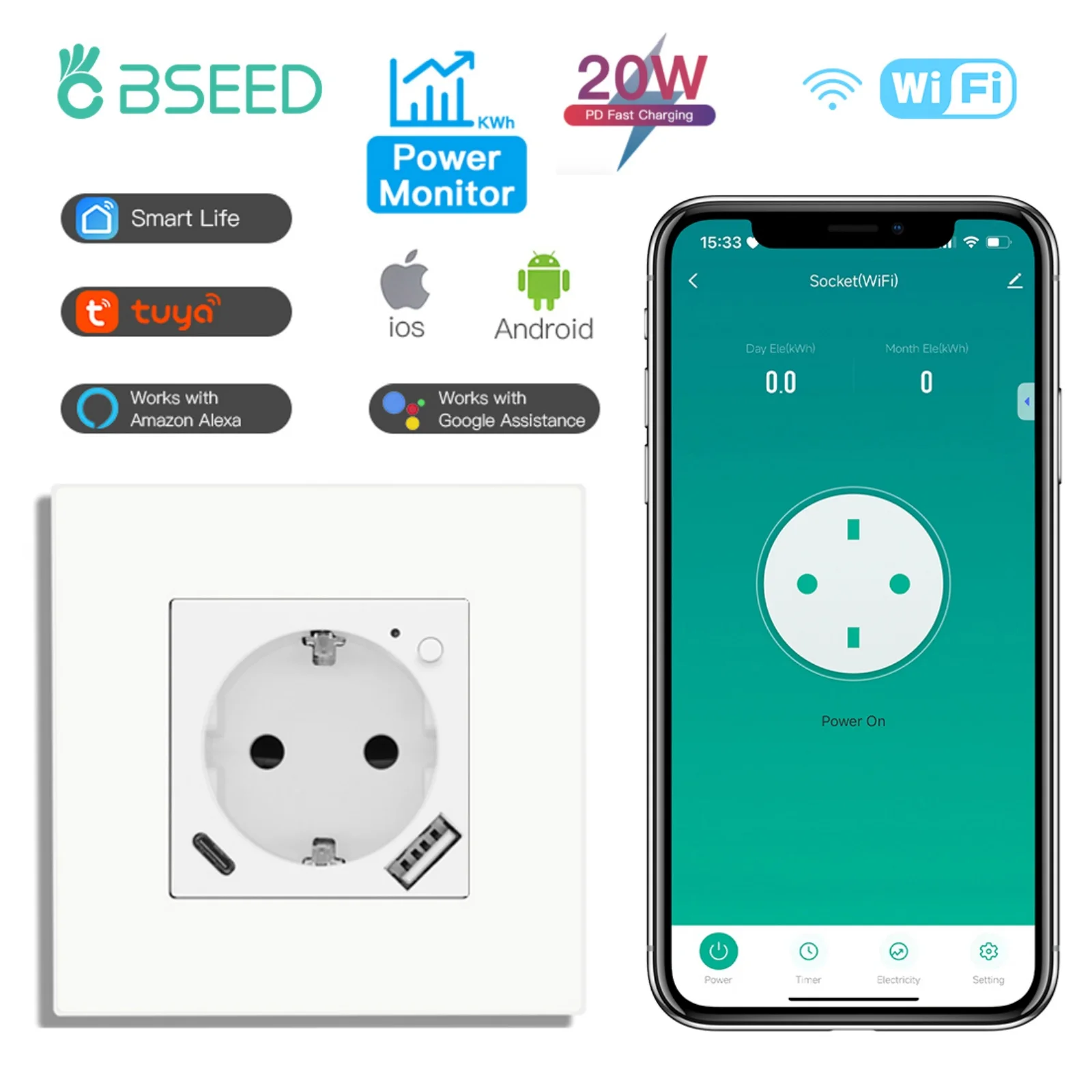 Розетка BSEED Wi-Fi EU с нормальными портами быстрой зарядки USB Type-c Умные розетки Поддержка приложения Tuya Smart Life Alexa Пластиковые рамки
Розетка BSEED Wi-Fi EU с нормальными портами быстрой зарядки USB Type-c Умные розетки Поддержка приложения Tuya Smart Life Alexa Пластиковые рамки