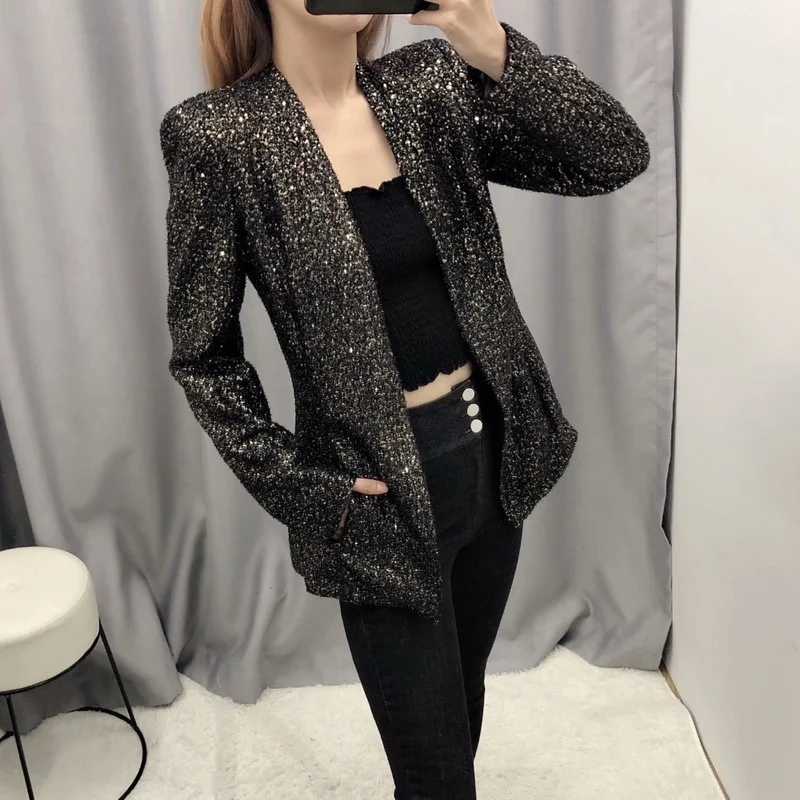New Sequin Buttonless Collarless Blazer 2021 Women Simple Fashion Casual Office Blazer Suit Black Indie Streetwear Work Clothing
New Sequin Buttonless Collarless Blazer 2021 Women Simple Fashion Casual Office Blazer Suit Black Indie Streetwear Work Clothing