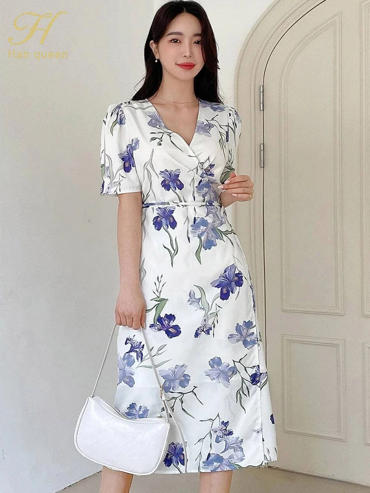 

Женское платье с V-образным вырезом H Han Queen, простое винтажное офисное платье-трапеция, повседневное элегантное облегающее платье миди с принтом, лето 2023