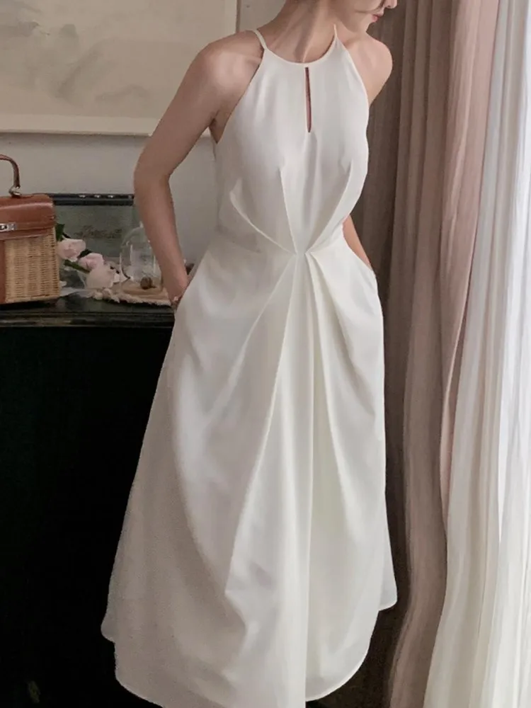 

Женское облегающее платье миди без бретелек, элегантное белое винтажное однотонное платье во французском стиле с лямкой на шее, лето