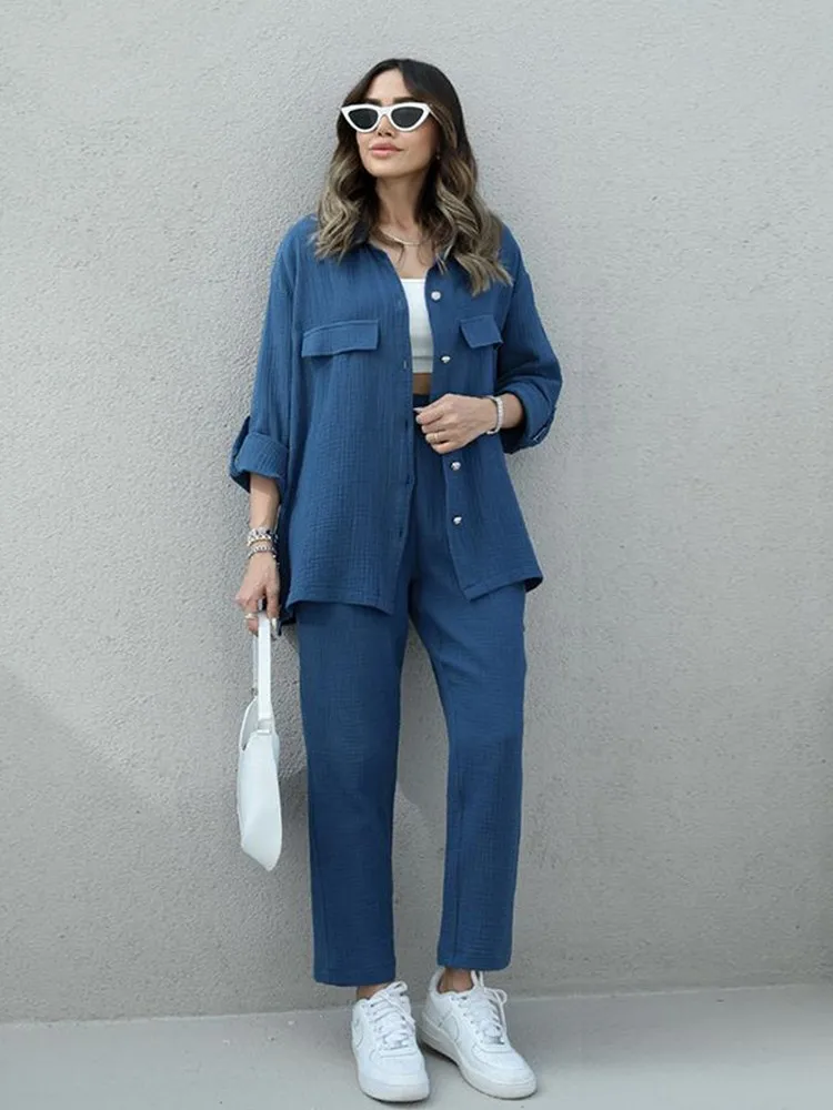 Autumn Lounge 2 Piece Sets For Women Solid Color Long Sleeve Button Shirt Blouse+elastic Waist Shaped Long Pants Activewear Suit
Autumn Lounge 2 Piece Sets For Women Solid Color Long Sleeve Button Shirt Blouse+elastic Waist Shaped Long Pants Activewear Suit
