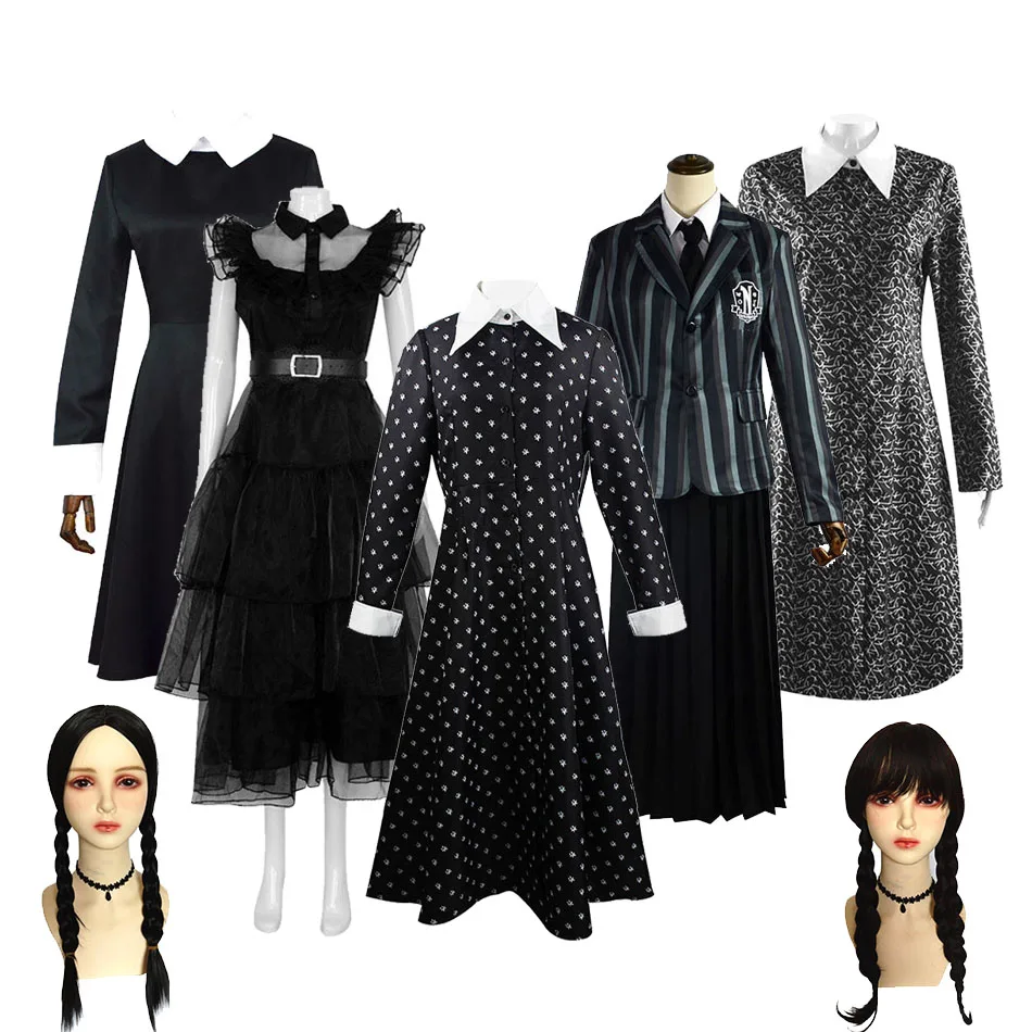 

Wednesday Role Play Clothes Girls Never More Party Swing Flared Outfit Family Matching School Costume Halloween Dress
