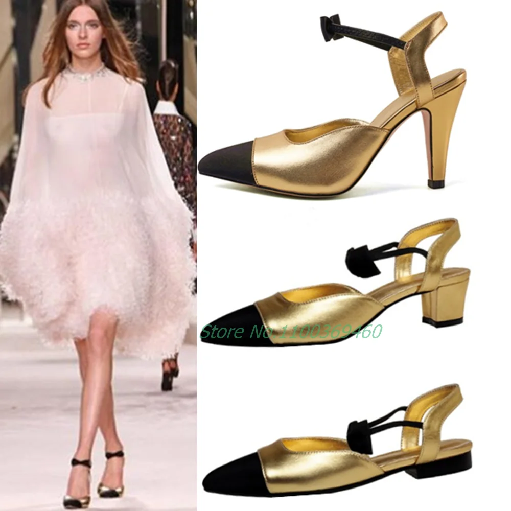 

Fashion Catwalk Pointed Toe Shallow Sandals Chunky Heel Bow Decoration Mixed Color Banquet Runway Shoes Summer 2022 New Arrivals