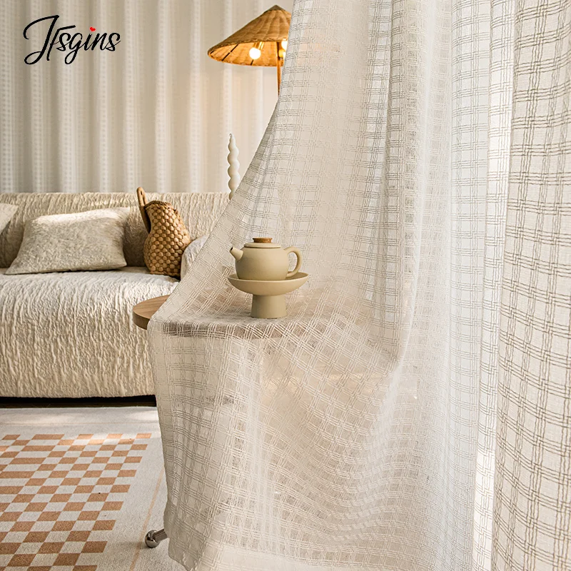 

Japanese Linen Look Tulle for Living Room Window Plaid Sheer Curtains for Bedroom Balcony Hall Ready-made Voile Home Decoration