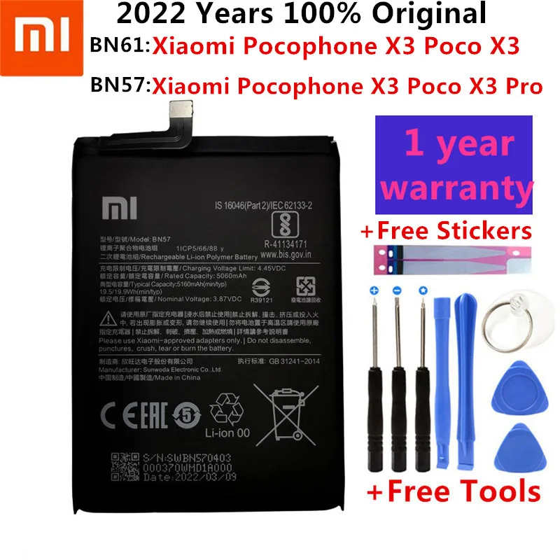 2022 100% Original Xiao mi BN57 BN61 6000mAh Phone Battery For Xiaomi Pocophone X3 Poco X3 Pro Replacement Batteries + Tool
2022 100% Original Xiao mi BN57 BN61 6000mAh Phone Battery For Xiaomi Pocophone X3 Poco X3 Pro Replacement Batteries + Tool