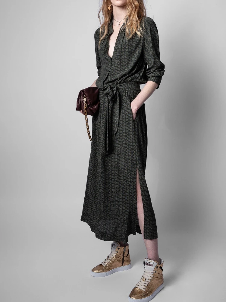 French Style Moss Green Monogrammed Roman Resort Style Maxi Dress High Quality V-neck Belted Long Sleeve Robe Viscose
French Style Moss Green Monogrammed Roman Resort Style Maxi Dress High Quality V-neck Belted Long Sleeve Robe Viscose