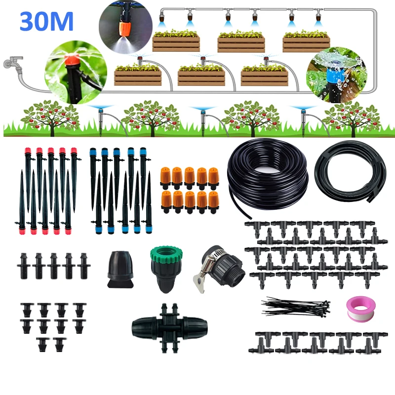 

30M Micro Drip Irrigation Kit Adjustable Nozzle Emitters Sprinkler Barbed Fittings For Greenhouse Patio Garden