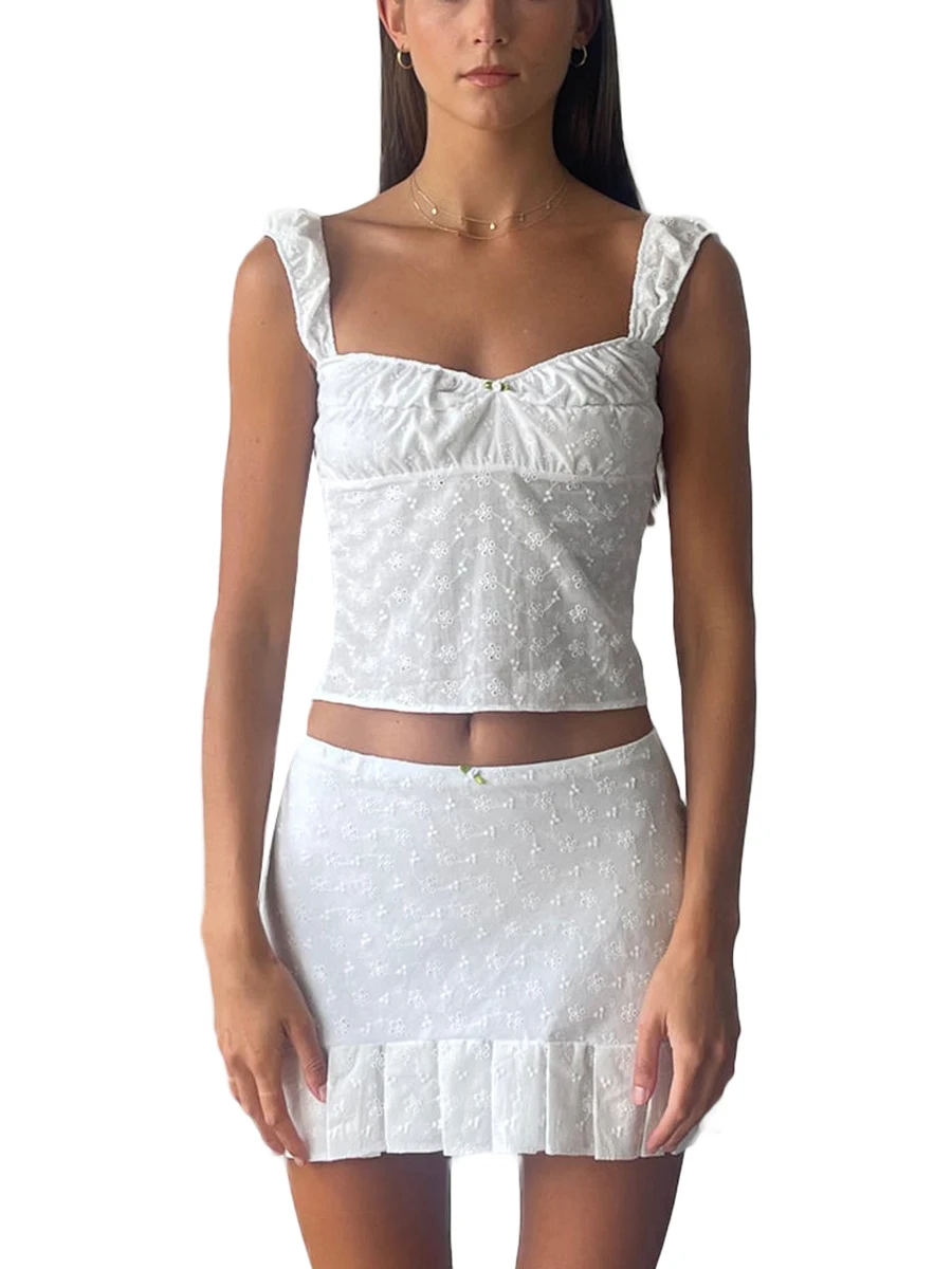 Women Summer 2 Pieces Outfits Lace Flower Sleeveless Tie-Up Backless Sling Tank Tops Wrapped Hip Mini Pleated Skirts Set
Women Summer 2 Pieces Outfits Lace Flower Sleeveless Tie-Up Backless Sling Tank Tops Wrapped Hip Mini Pleated Skirts Set