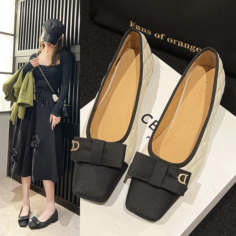 

Elegant 2023 Spring Square Toe Ballet Shoes Fashion Mary Jane Shoes Casaul Apricot Shallow Buckle Soft Sole Shoes Flats
