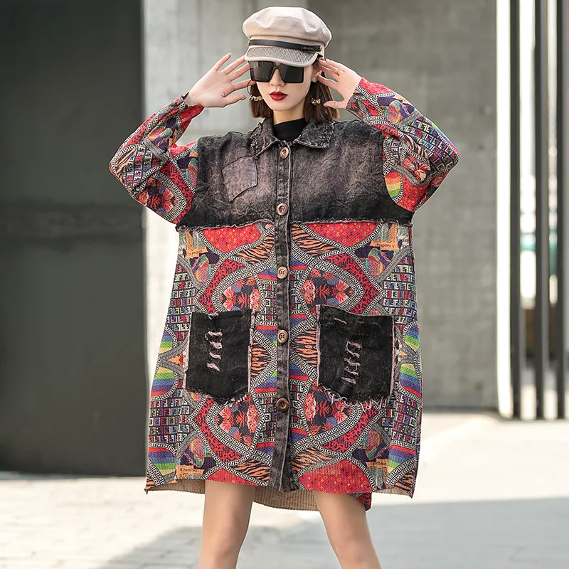 SuperAen Fashion Printing Stitching Denim Lapel Long Sleeve Cardigan Long Coat Women's 2022 Autumn New Style Coat
SuperAen Fashion Printing Stitching Denim Lapel Long Sleeve Cardigan Long Coat Women's 2022 Autumn New Style Coat