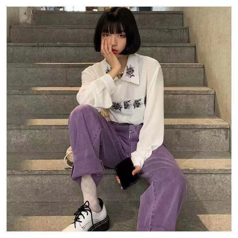 

Лидер продаж 2023, новые фиолетовые модные повседневные осенние корейские брюки-джоггеры Y2K, вельветовые прямые брюки с карманами и высокой талией