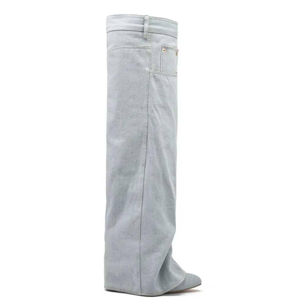 

Женские джинсовые ботфорты выше колена, ковбойские сапоги с острым носком, на тонком каблуке, модные сапоги до колена, новинка 2023