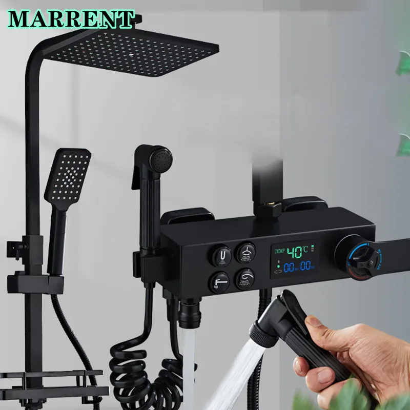 Black Thermostatic Shower System Led Display Digital Bathroom Shower Faucets ABS Rain Shower Head Digital Shower System Sets
Black Thermostatic Shower System Led Display Digital Bathroom Shower Faucets ABS Rain Shower Head Digital Shower System Sets