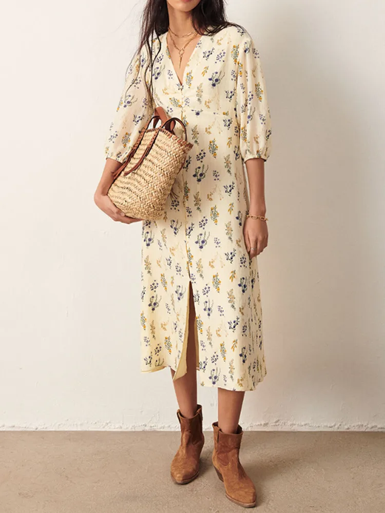 Fresh Floral Print Robes Women V-neck Single Breasted Puff Sleeve Female High Waist Midi Dresses 2022 Summer New
Fresh Floral Print Robes Women V-neck Single Breasted Puff Sleeve Female High Waist Midi Dresses 2022 Summer New
