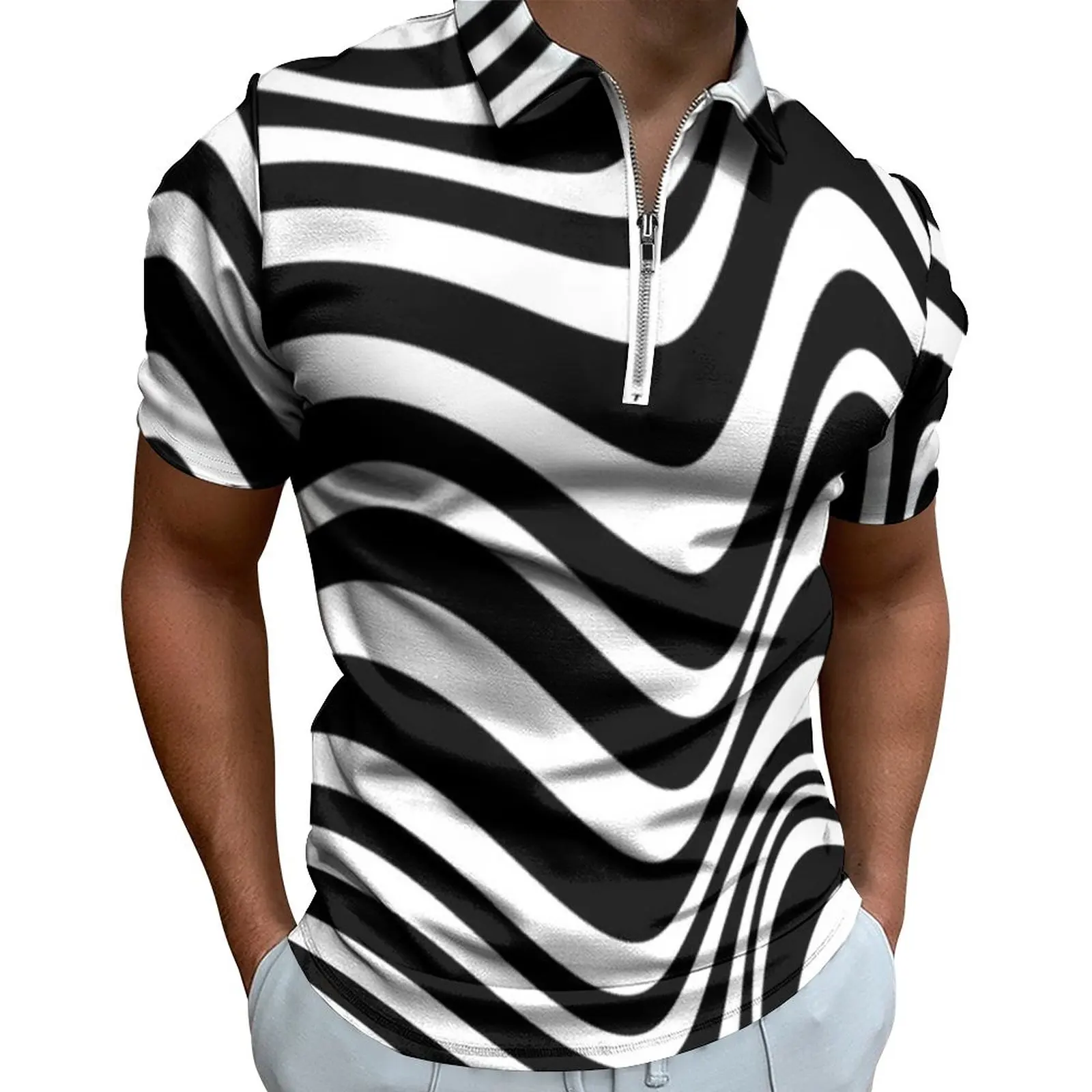 Повседневные футболки в абстрактную полоску, черно-белая женская рубашка на молнии, мужская одежда на заказ