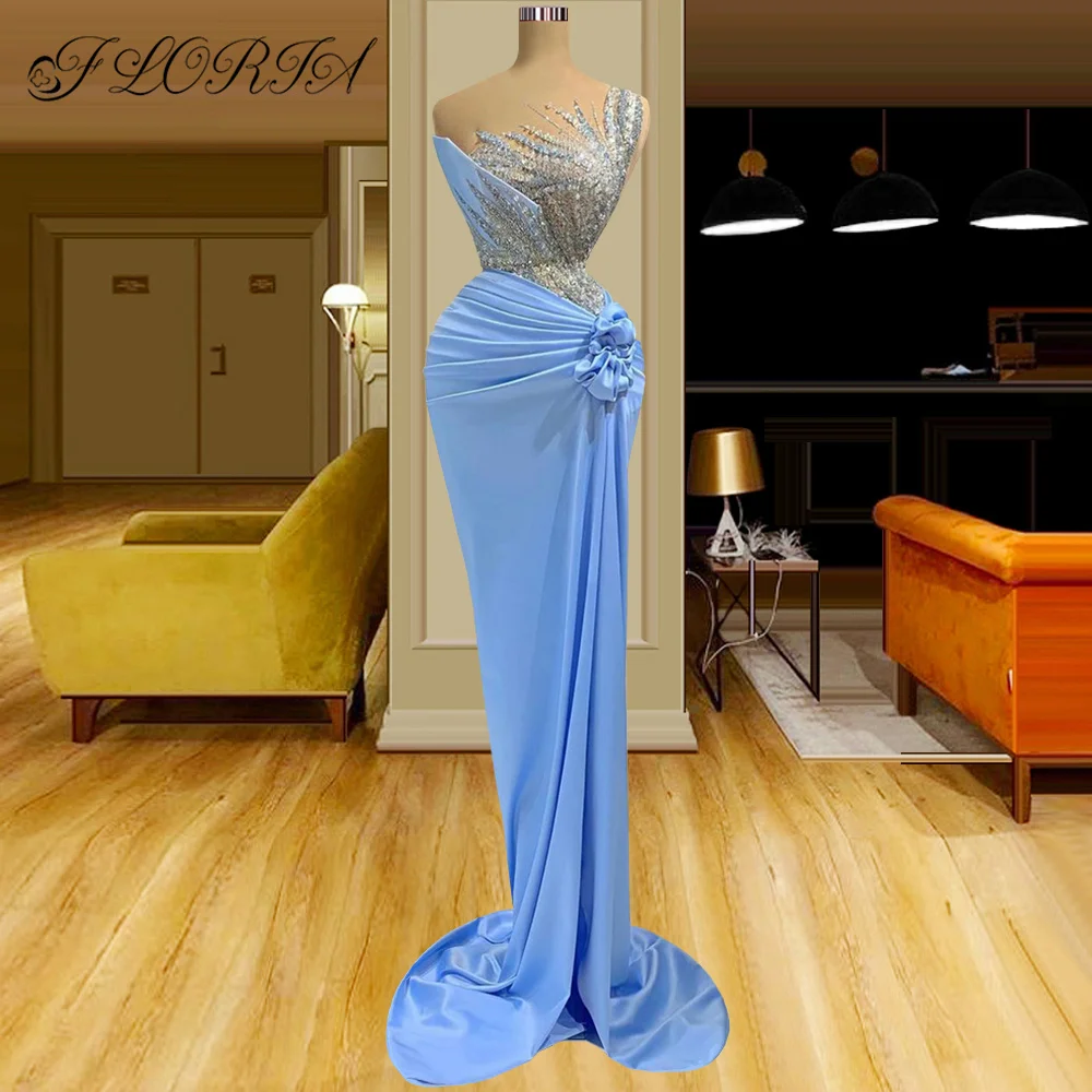 

Женское вечернее платье с юбкой годе, Голубое Прозрачное плиссированное платье с разрезом, расшитое бисером, без рукавов, для выпускного ве...