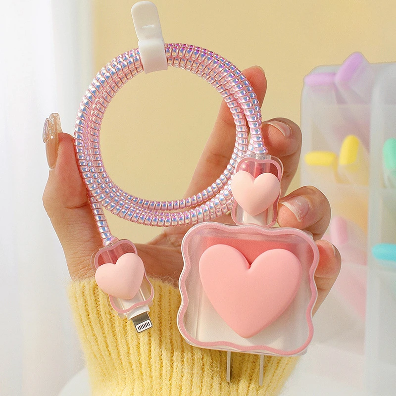 

3D Heart Charger Protector Cable Organizer for Iphone 18W 20W Data Cable Management Cord Winder Kit Girl Cable Storage Box