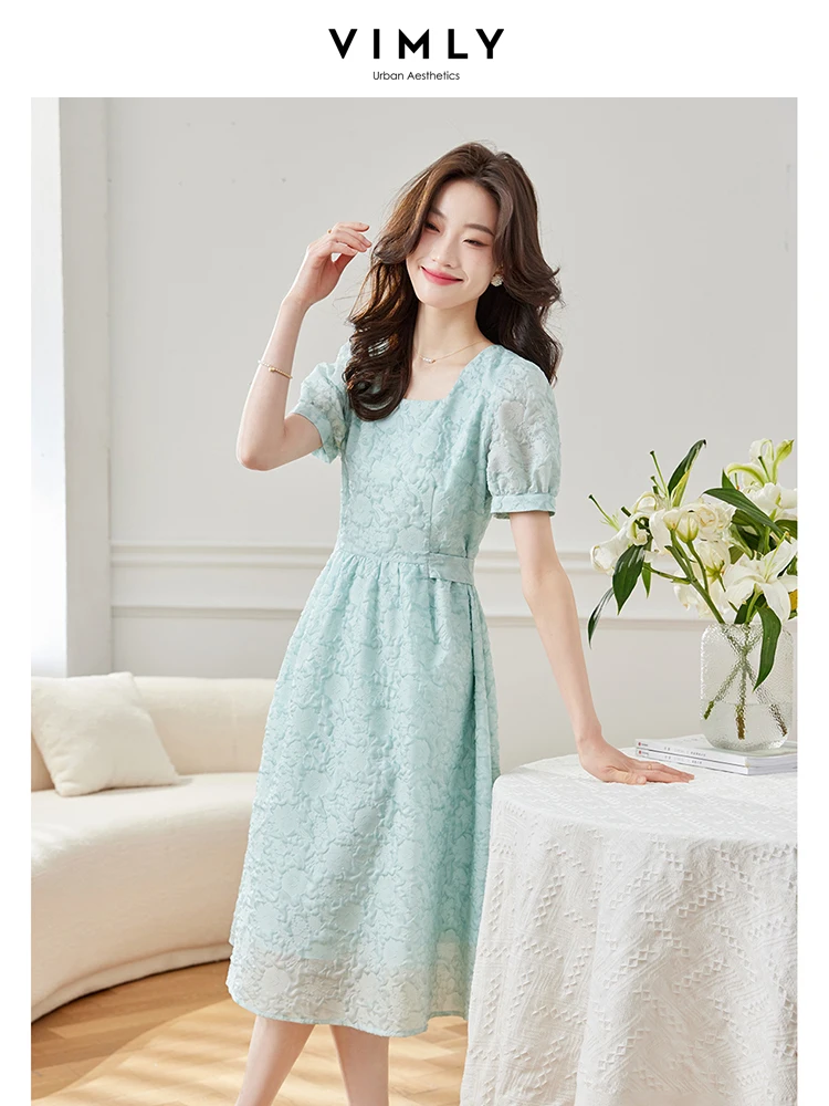 Vimly Blue Puff Sleeve Summer Woman Dress 2023 Elegance Casual Square Collar Belt A-line Pullover Midi Female Dresses M1798 
Vimly Blue Puff Sleeve Summer Woman Dress 2023 Elegance Casual Square Collar Belt A-line Pullover Midi Female Dresses M1798
