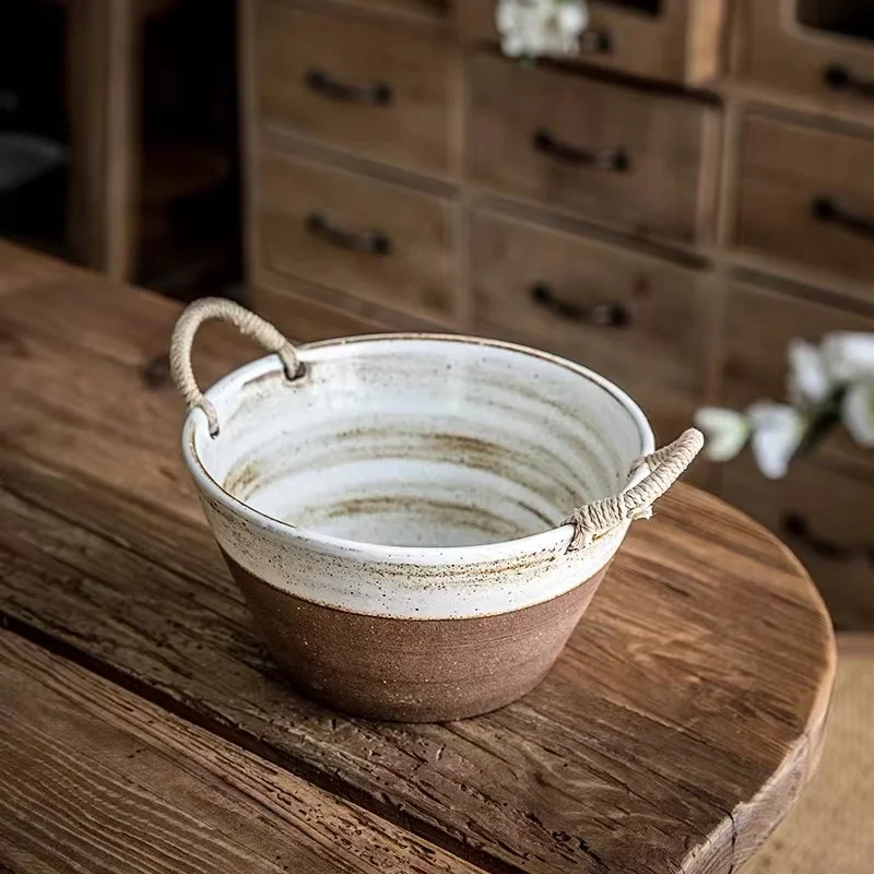 Vintage Made Old Thick Pottery Deep Bowl Creative Hemp Rope Handle Anti Scalding Convenient Rural Style Household Tableware
Vintage Made Old Thick Pottery Deep Bowl Creative Hemp Rope Handle Anti Scalding Convenient Rural Style Household Tableware