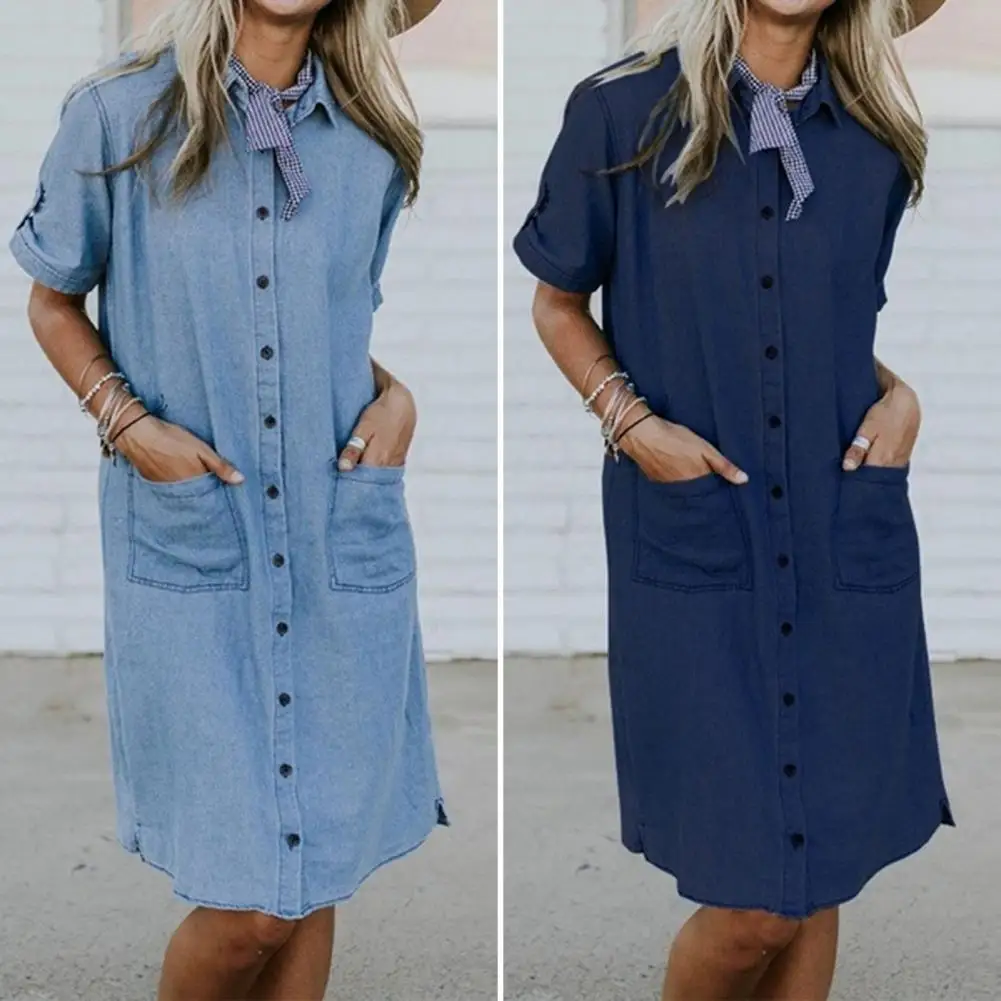Turn Down Collar Knee-Length Short Sleeve Women Shirt Two Pockets Solid Color Single Breasted Shirt Dress Female Clothing
Turn Down Collar Knee-Length Short Sleeve Women Shirt Two Pockets Solid Color Single Breasted Shirt Dress Female Clothing