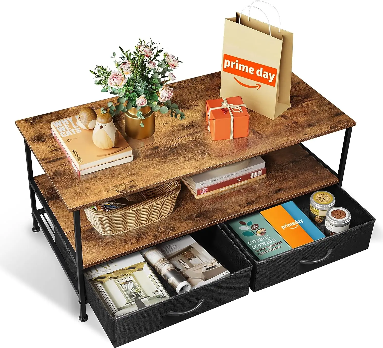 Table with Storage Drawers and Open Shelf, Mid-Century Modern Wood and Metal Cocktail Table for Living Room
Table with Storage Drawers and Open Shelf, Mid-Century Modern Wood and Metal Cocktail Table for Living Room