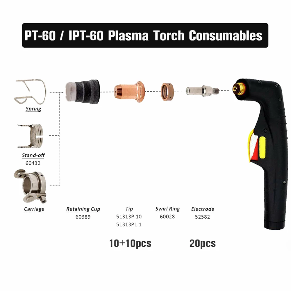 

40pcs Plasma Tips 1.0mm 1.1mm Electrode 52582 For IPT-60 PT60 PT40 IPT-40 Torch WS OEMed Plasma Cutting Consumables