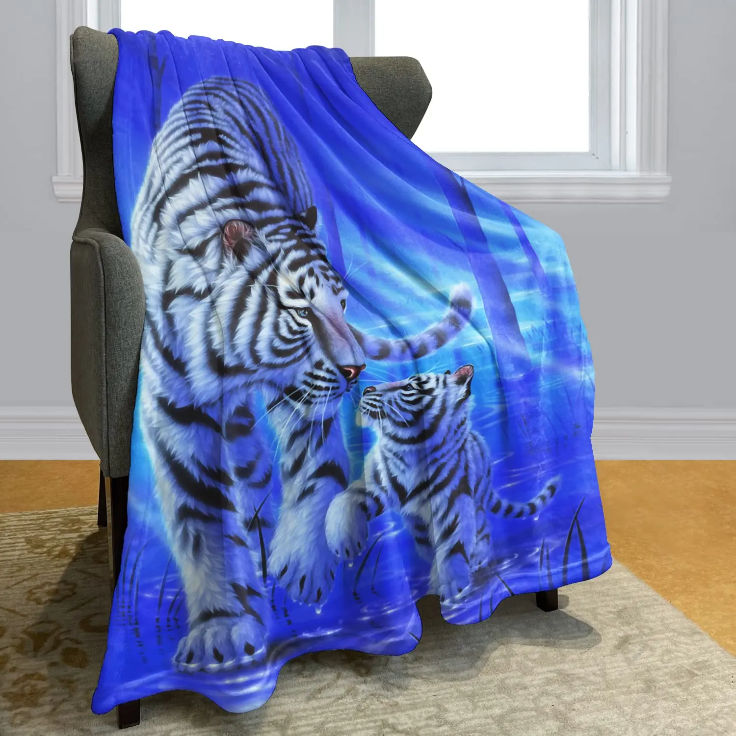 

Siberian White Tiger Under The Blue Starry Night Blankets for Sofa Bed White Tiger Throw Blanket Soft Cozy Warm Flannel Blanket