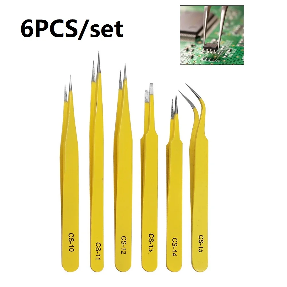 6Pcs Stainless Steel Industrial Anti-static Tweezers Curved Straight Tip Forceps CS-10/CS-11/CS-12/ CS-13/CS-14/CS-15
6Pcs Stainless Steel Industrial Anti-static Tweezers Curved Straight Tip Forceps CS-10/CS-11/CS-12/ CS-13/CS-14/CS-15
