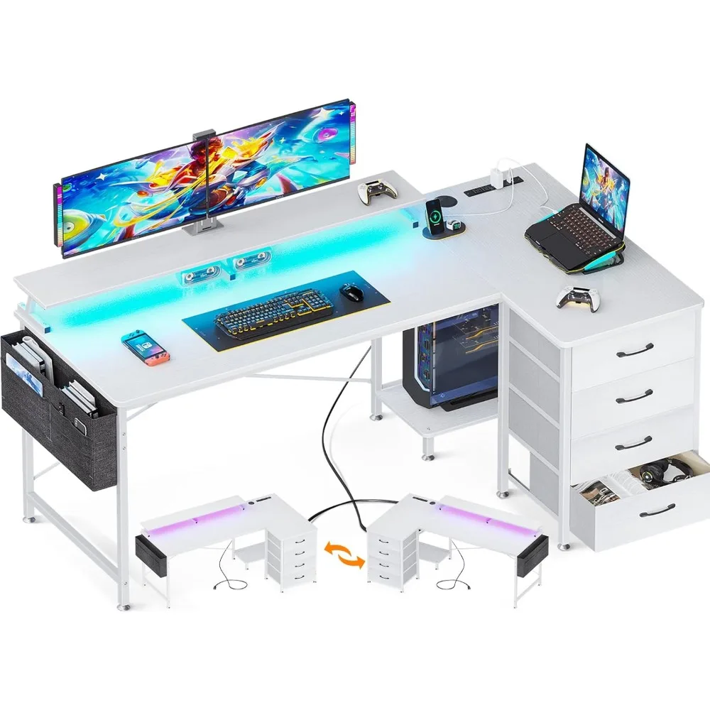 ODK 55" Reversible L Shaped Computer Desk with 4-Tier Fabric Drawers, Gaming Desk with LED Lights & USB Power Outlets & Charging 
ODK 55" Reversible L Shaped Computer Desk with 4-Tier Fabric Drawers, Gaming Desk with LED Lights & USB Power Outlets & Charging