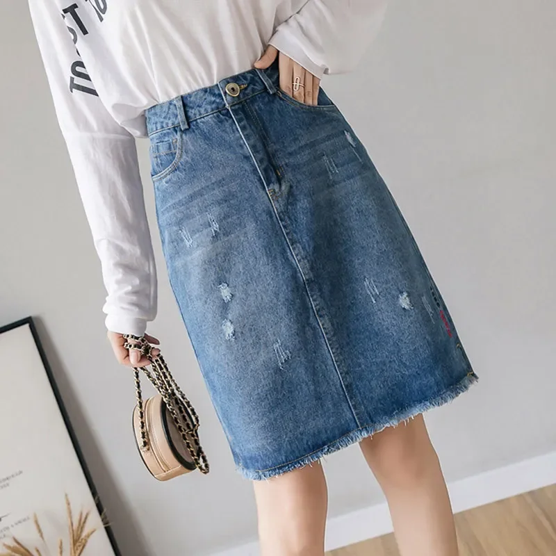 Tassel Women Denim Skirt Fashion Plus Size Embroidery Ripped Jean High Waist A Line Pocket Cotton Jeans Midi Skirt
Tassel Women Denim Skirt Fashion Plus Size Embroidery Ripped Jean High Waist A Line Pocket Cotton Jeans Midi Skirt