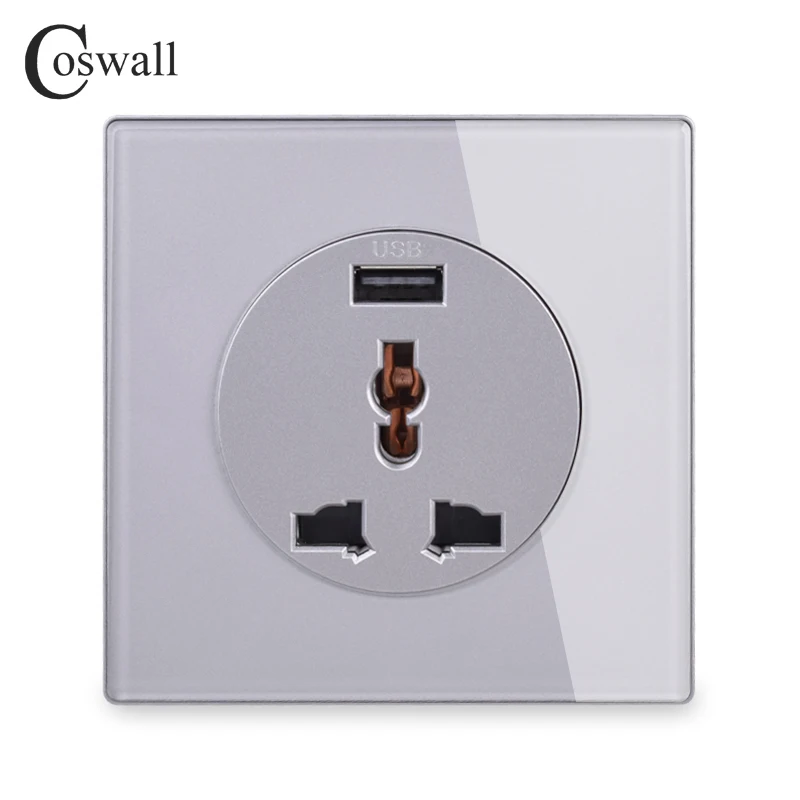 

Coswall Crystal Grey Glass Panel 13A UK British Standard Power Socket With USB Fast Charging Port 15A Outlet