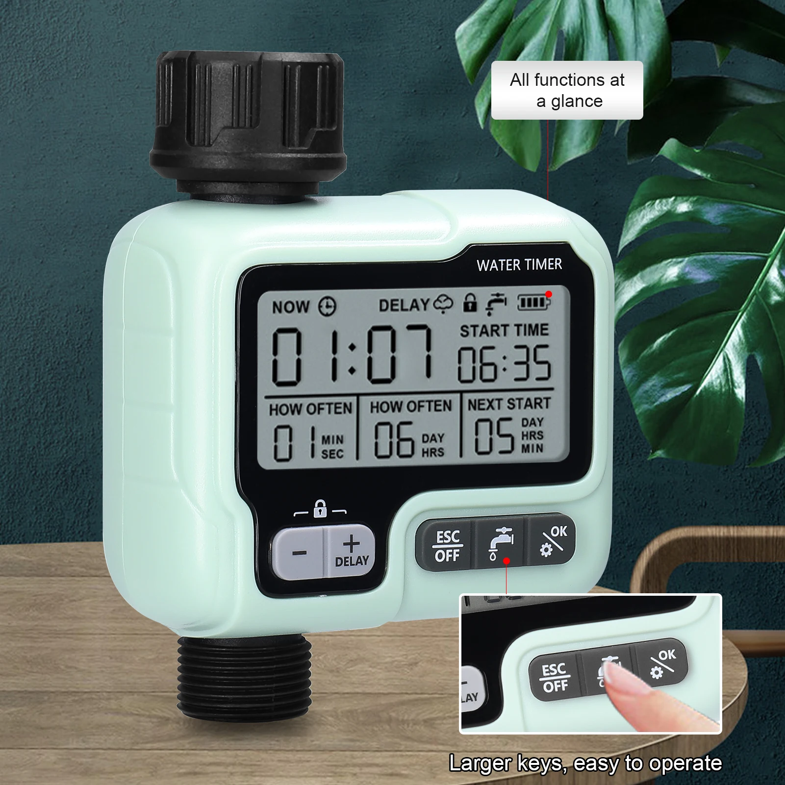 IPX5 Programmable Digital Hose Faucet Timer Battery Operated Automatic Watering Sprinkler System Irrigation Controller
IPX5 Programmable Digital Hose Faucet Timer Battery Operated Automatic Watering Sprinkler System Irrigation Controller