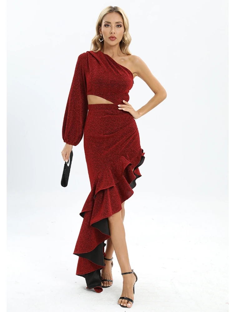 Elegant One Shoulder Cut Out Ruffled Long Sleeve Maxi Dress for Women Fashion Sexy Split Asymmetric Ruffled Club Party Dresses
Elegant One Shoulder Cut Out Ruffled Long Sleeve Maxi Dress for Women Fashion Sexy Split Asymmetric Ruffled Club Party Dresses