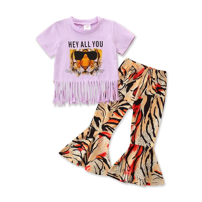 

Kids Clothes Girls Summer Suits Ins Style Fashion Tiger Print Fringed Top + Flared Pants Two-piece Set Boutique Kids Clothing
