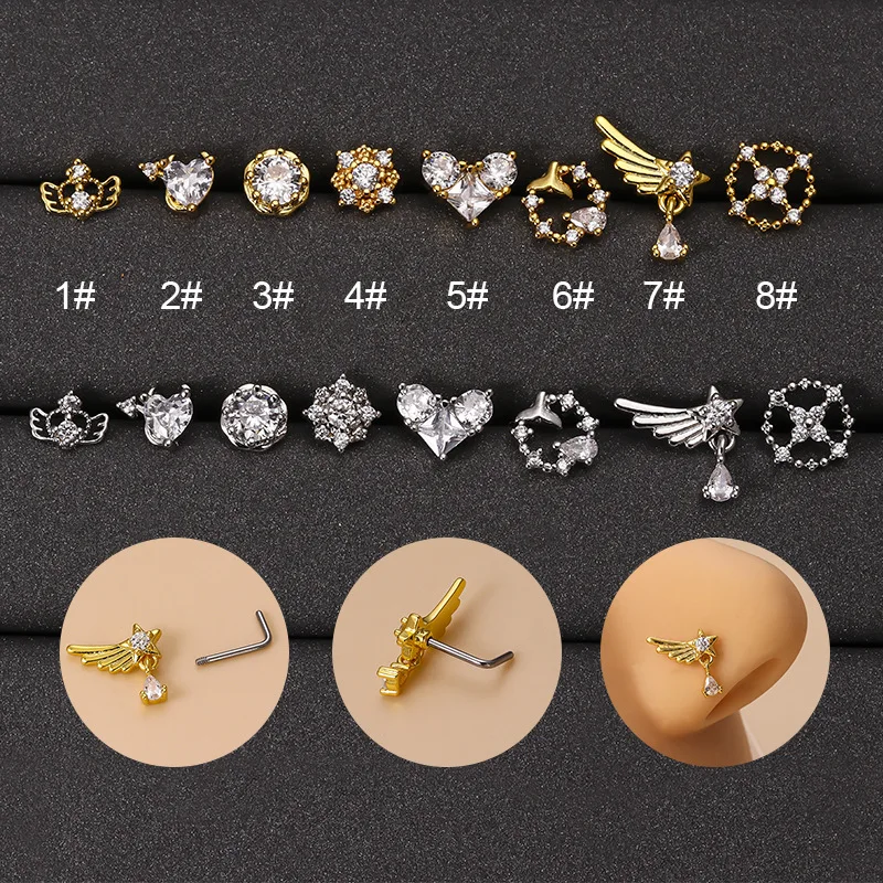 

2022 1pc 316L Surgical Stainless Steel CZ Angel Wings Dangle Nose Studs Colorful Indian Screw Nose Rings Nose Piercing Jewelry