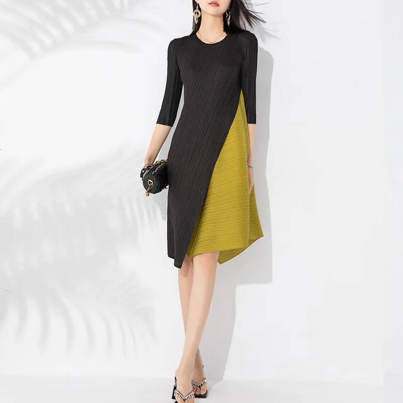 

Модное Элегантное плиссированное платье миаке, новое свободное женское плиссированное платье средней длины с круглым вырезом и рукавом три четверти контрастных цветов