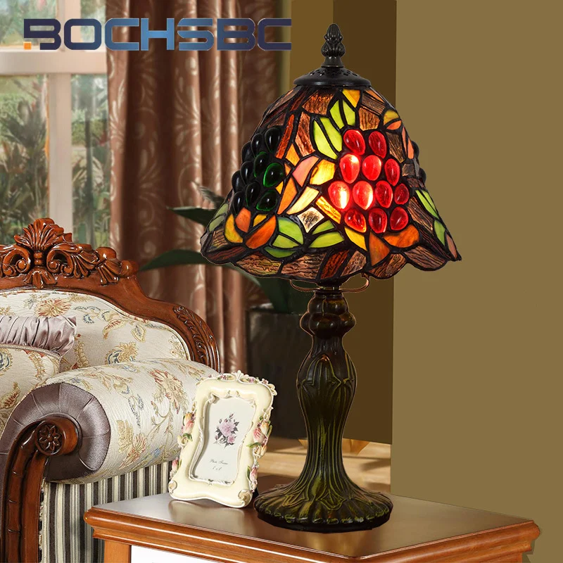 

Настольная лампа Тиффани BOCHSBC в американском ретро стиле, арт-деко, гостиная, кабинет, спальня, прикроватный ночник в виде винограда, лампа для защиты глаз