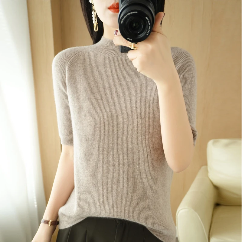 

Женский модный свитер, новинка 2023, однотонный вязаный пуловер с воротником «хомут» и рукавом в пять точек, приталенный корейский трендовый Топ