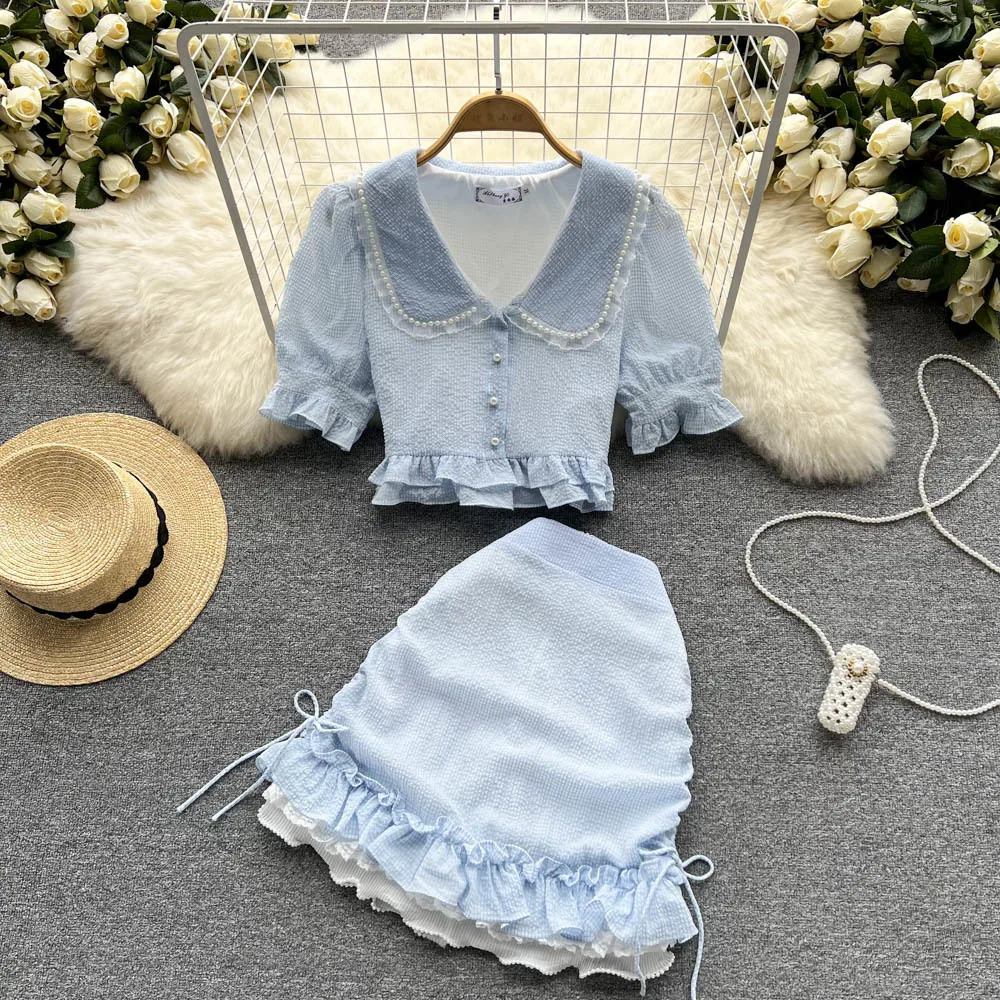 New Summer Korean Fashion Casual Two-piece Suits Women Sweet 2 Piece Set Beading Shirt Blouse Crop Top + Mermaid Skirts Sets
New Summer Korean Fashion Casual Two-piece Suits Women Sweet 2 Piece Set Beading Shirt Blouse Crop Top + Mermaid Skirts Sets