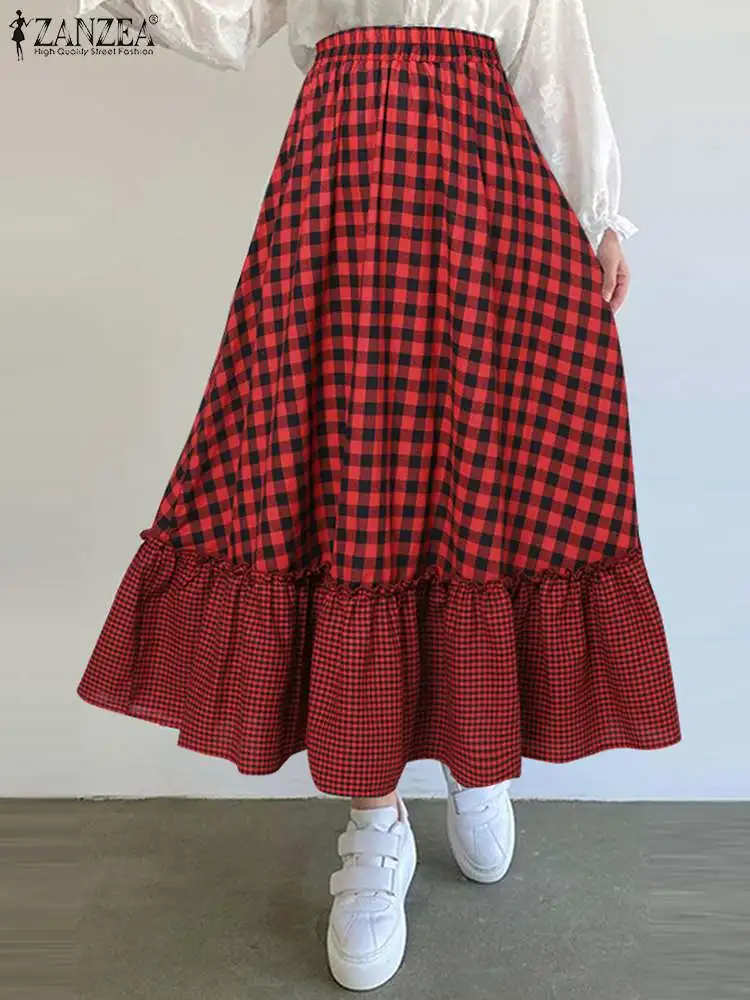 

ZANZEA Plaid Loose Skirt Casual Checked A-line Holiday Maxi Skirt Elastic High Waist Women Ruffled Hem Fashion Falda Party Jupes