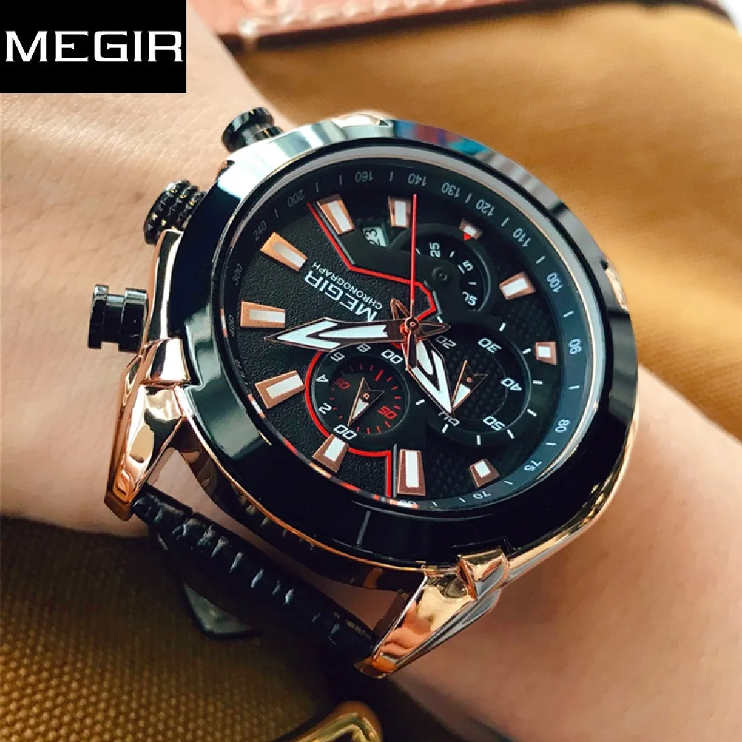 

Часы MEGIR Мужские кварцевые в стиле милитари, спортивные брендовые Роскошные армейские, с кожаным ремешком, креативные с хронографом