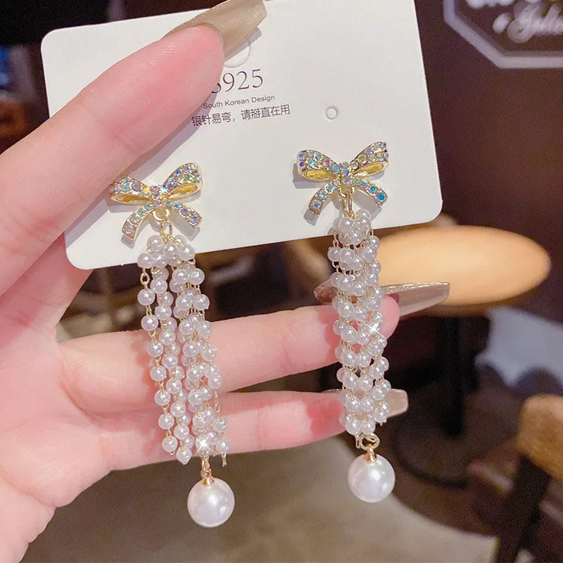 

Fashion Women Bowknot Earrings Simulated-pearl Rhinestones Tassel Long Chain Drop Dangle Earrings Bar Party Jewelry for Miss
